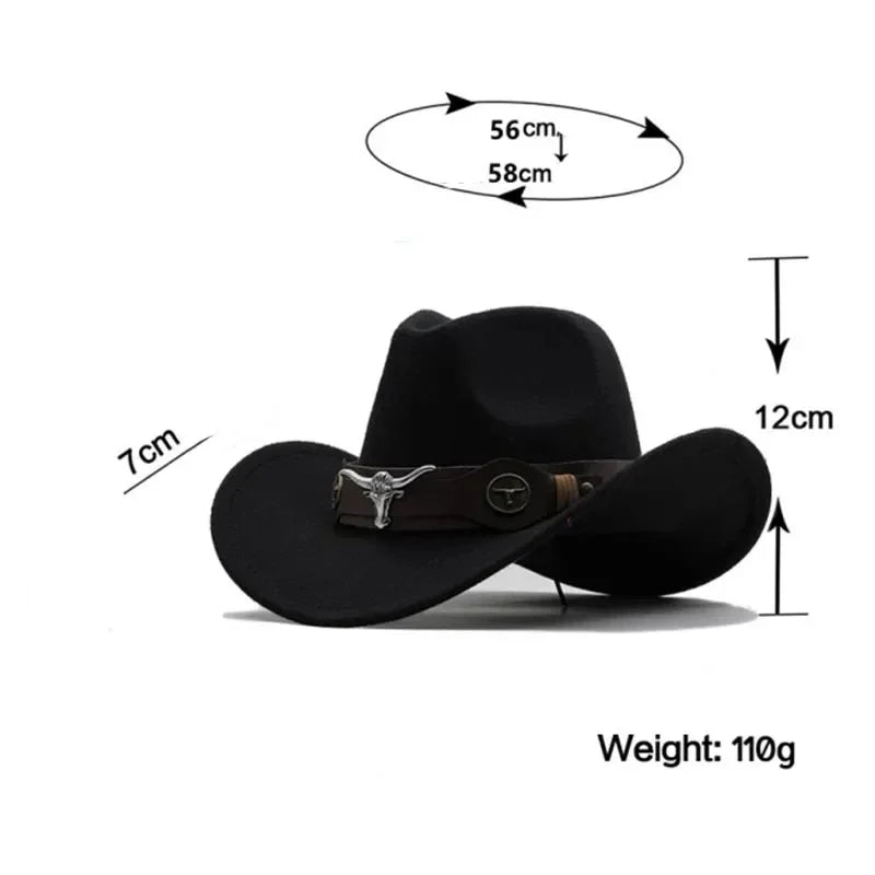 Western Cowboy Hat 4 Sizes Black Woolen Jazz Top Hat Men Ethnic Style Cow Head Ribbon Felt Cap Women Children Riding Fedora Hat