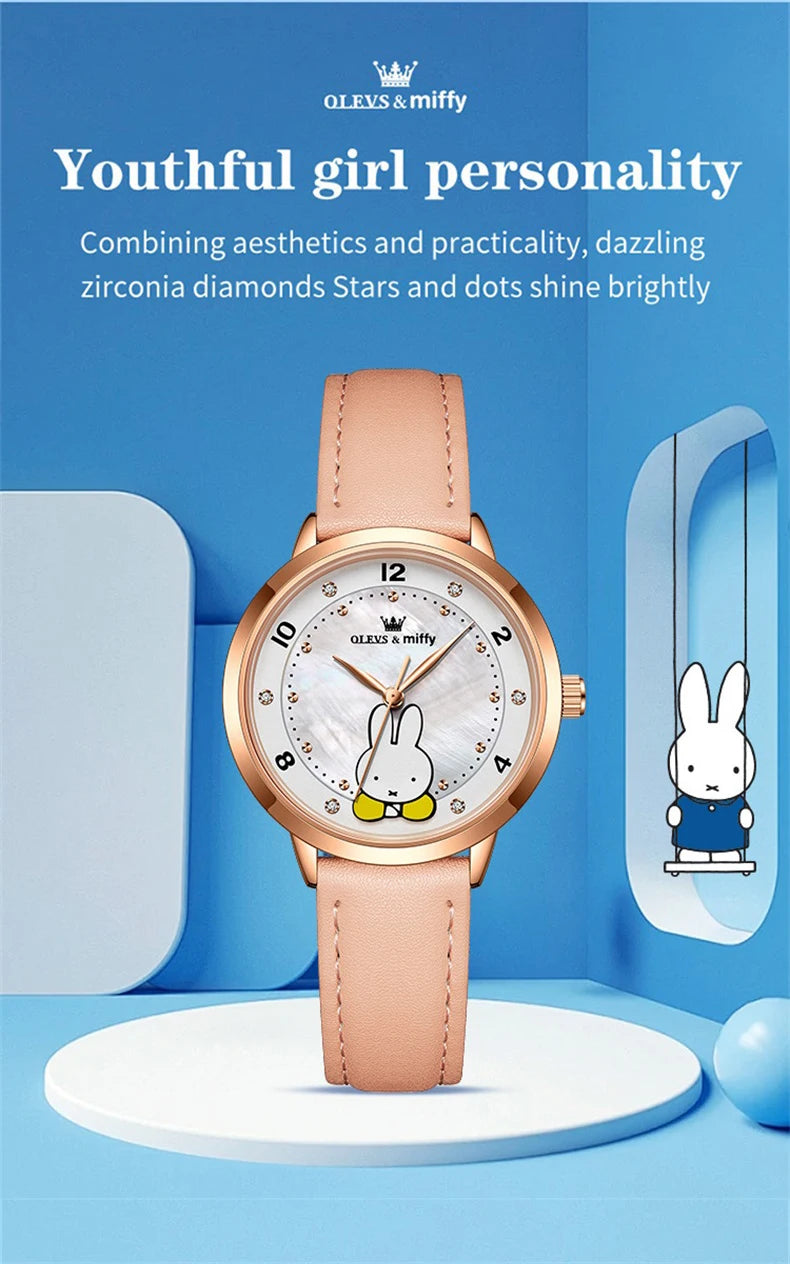 OLEVS & Miffy Joint Edition Women's Watches Pink Cute White Rabbit Dial Watch for Girl Exquisite Gift Box Packaging Waterproof