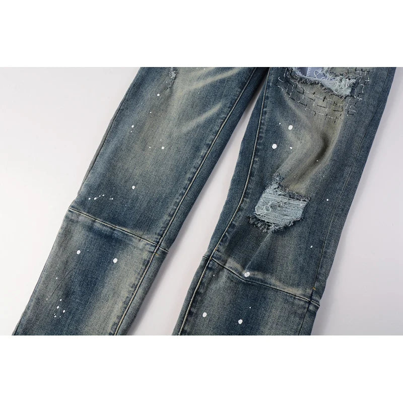 Americans High Street Style Classical Blue Skinny Distressed Button Fly Destroyed Holes Patchwork Slim Fit Graffiti Ripped Jeans