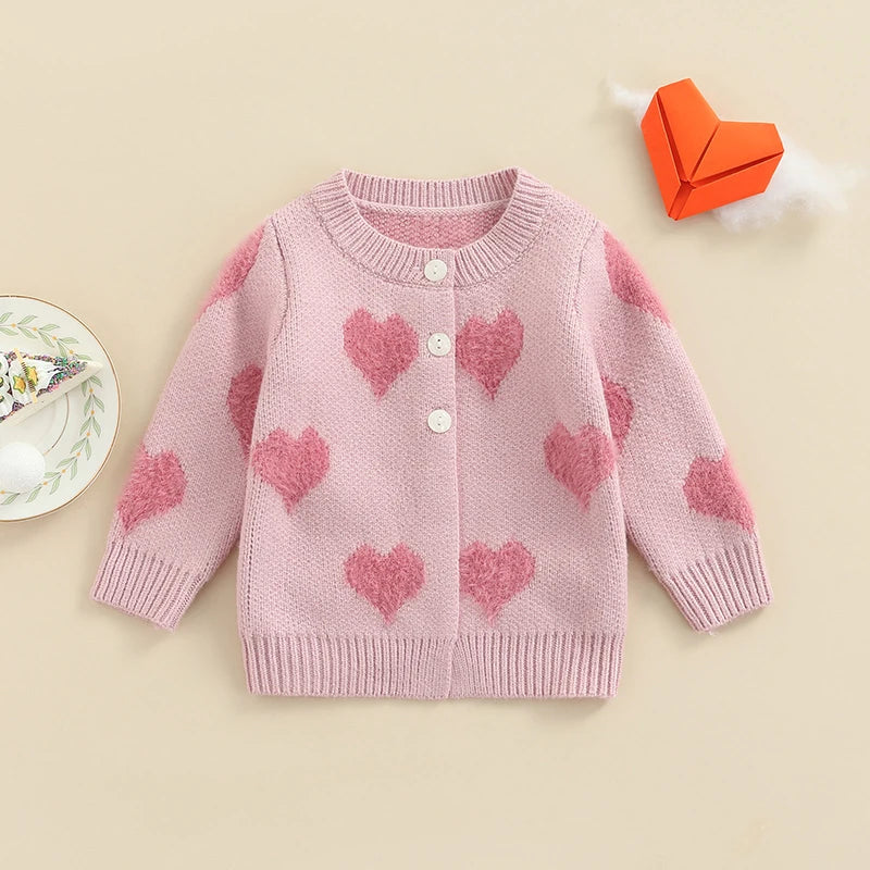 Adorable Newborn Knit Cardigan Sweater Coat Infant Toddler Girl Boy Heart Pattern Long Sleeve Button Closure Jacket Top