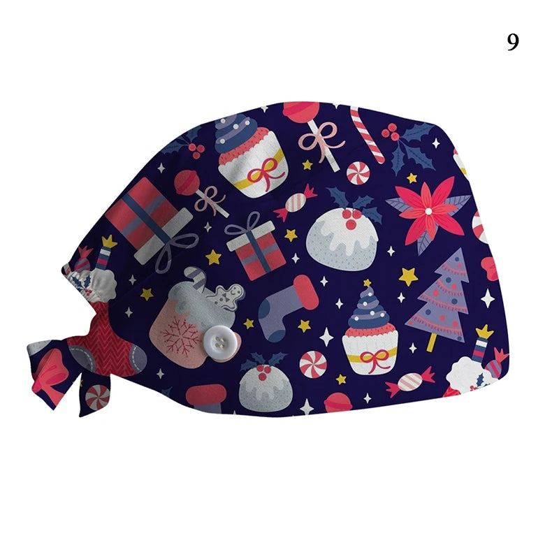 New Christmas Scrubs Caps Santa Claus Print Cap Pet Grooming Agency Work Scrubs Hat Beauty Work Hats Lab Nursing Cap